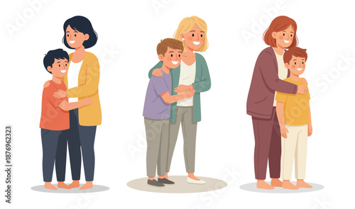 Set of Mother hugging their son with warm smiles