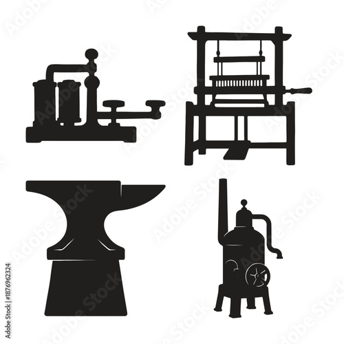 Black silhouettes of vintage industrial machines 1