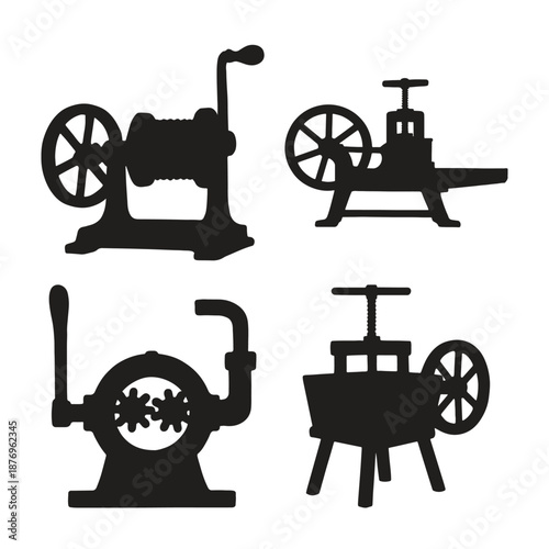 Vintage black silhouettes of industrial machines