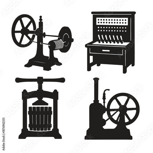 Vintage industrial machines silhouettes black