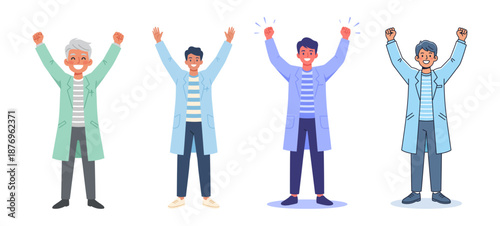 Set of Scientists celebrating success with raised arms and smiles