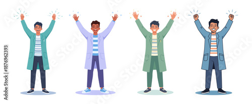 Scientists celebrating breakthroughs with joyful gestures