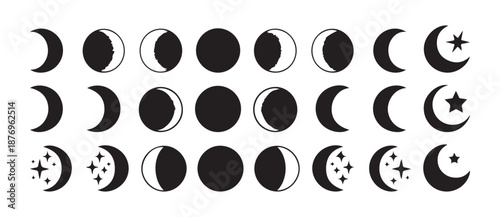 Moon Phases vector set. Lunar Phases Collection, Night Sky Moon Phases Stars Minimal Style icon. vector illustration eps 10