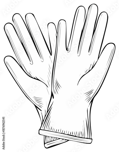 Sketch illustration of a pair of protective rubber gloves, black and white line art vector