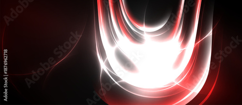 Abstract red, white energy flows. Dynamic curves create luminous shapes against dark background. Modern digital art.