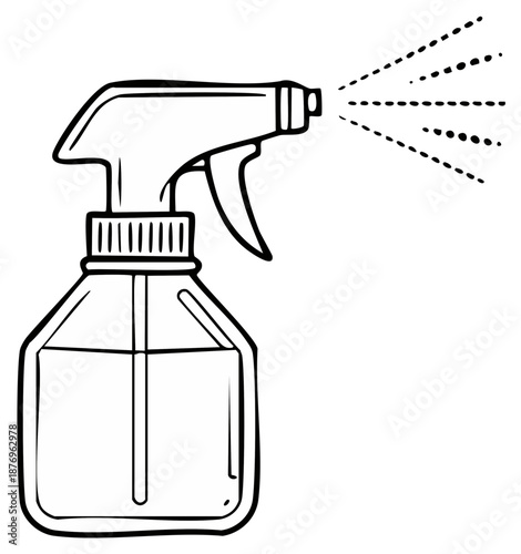 Black and white line art illustration of a spray bottle dispensing liquid mist