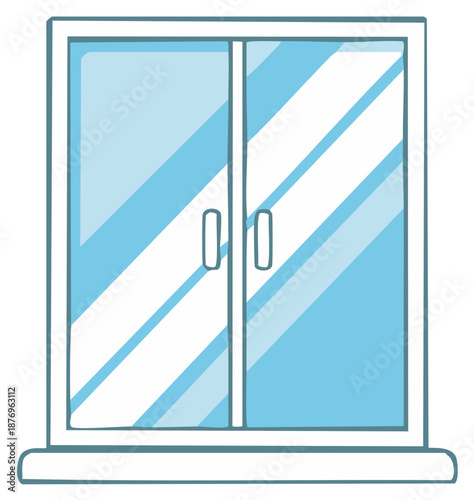 Cartoon illustration of closed glass double doors with handles and window sill