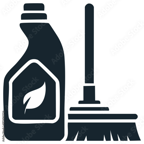 Cleaning product with plant emblem and a broom used for housekeeping and cleaning. Vector icon.