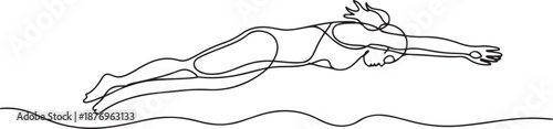 Continuous single one line drawing art of swimming athlete woman jumping to start swim competition. one line Art icon drawing vector