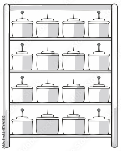 Monochrome line art illustration of a pantry storage rack with rows of identical jars