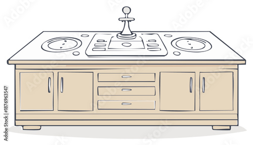 Illustration of an antique kitchen countertop with cabinets, drawers, and a unique appliance.