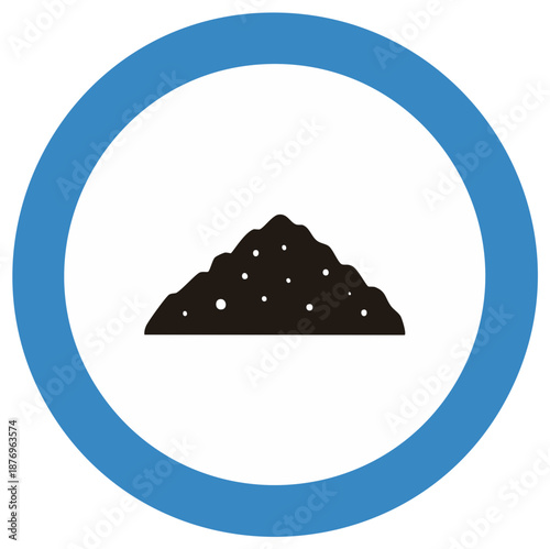 Pile with spots graphic icon enclosed in a blue circular shape. Sandpile, gravel, waste, heap, dump, mount symbol.