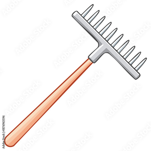 Cartoon illustration of a garden rake with wooden handle