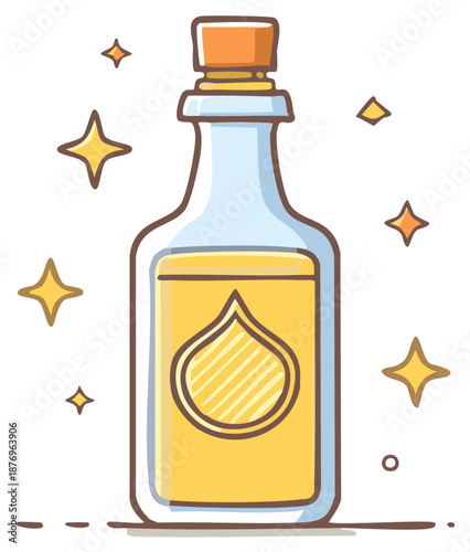 Cartoon doodle illustration of oil bottle with oil drop and sparkles on white background