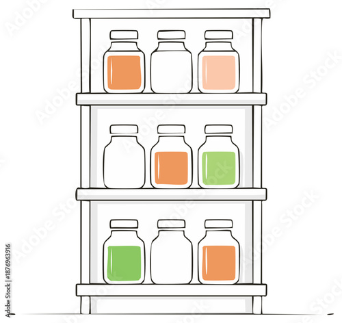 Hand-drawn illustration of a three-shelf rack holding assorted jars filled with colorful liquids