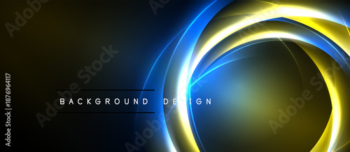 Abstract neon circles over dark background. Bright yellow, blue light creates dynamic visual effect. Text reads background design.