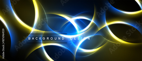 Abstract design features glowing curves, vibrant blue, yellow hues. Dark background emphasizes bright light effects, modern aesthetic.