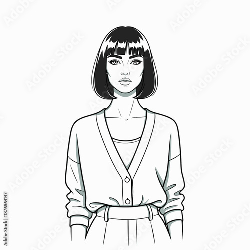 Portrait woman black bob white cardigan