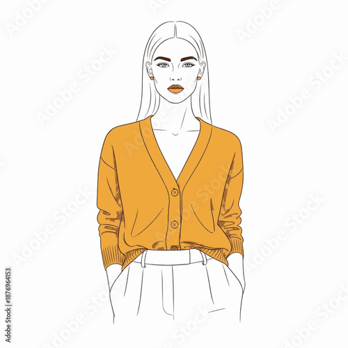 Woman orange cardigan white top pants