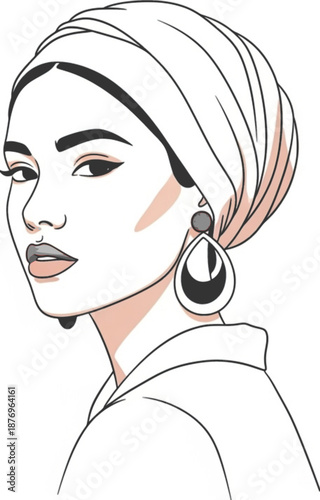Side profile woman white turban black earrings