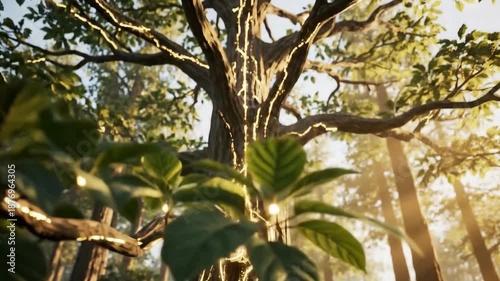 Majestic ancient tree with glowing roots in serene forest landscape
