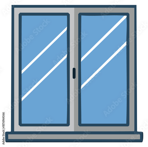 Window panes, glass pane window, window frame with blue reflection, reflection on glass pane, interior view, apartment