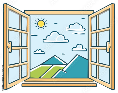 Open Window Frame with Sunny Sky Clouds and Mountain View in Cartoon Style