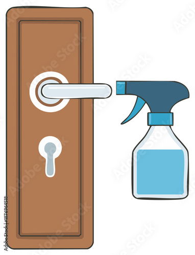 Cleaning door handles with disinfectant spray to prevent viral infection cartoon style