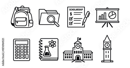 Education black and white line icons set