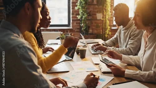 Diverse team collaborating on creative project with laptops and sketches