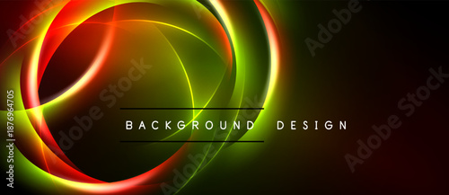 Abstract vibrant lines create circular shapes. Dark background emphasizes glowing colors, modern design element.