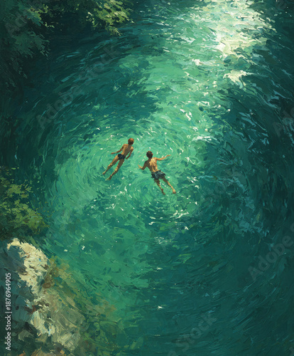Aerial View of Two People Swimming in Green Water
