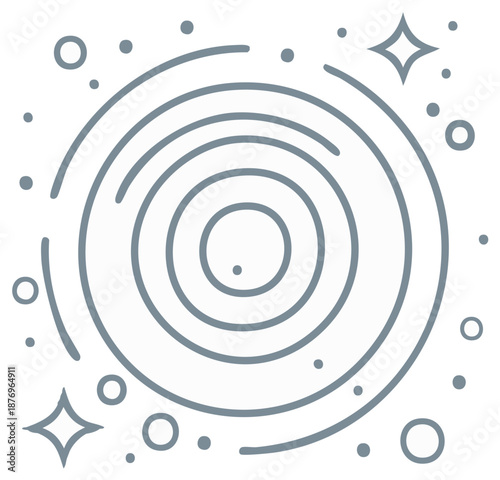 Minimalist Galaxy Swirl with Stars Circles and Dots Decorative Graphic Design Element