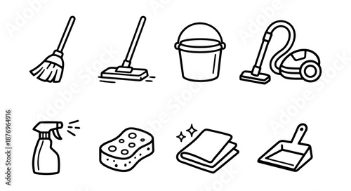 Cleaning supplies line icons set