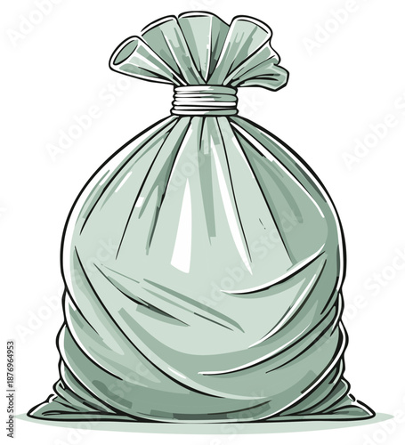 Cartoon illustration of a filled trash bag with tied closure.