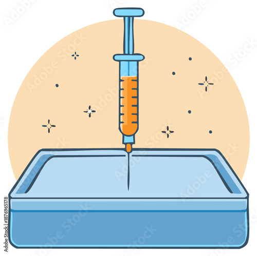 Cartoon illustration of a medical syringe with vaccine in a sterile tray