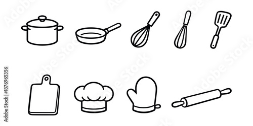 Kitchen utensils and accessories line drawings set