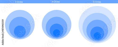 Set of blue concentric circles with 3 4 and 5 layers in gradient shades. Clipart image isolated on background.