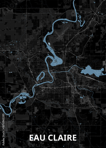 Map of Eau Claire, Wisconsin, rendered in a dark, minimalist style. The city's layout is depicted with dark gray streets and buildings against a black background, creating a stark contrast.