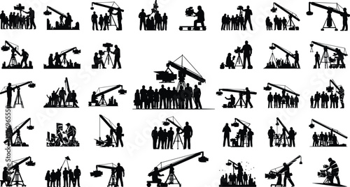 Film crew using camera cranes and boom arms, movie production silhouettes, cinematic filmmaking equipment with operators and groups, professional video production scene