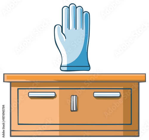 Blue Medical Glove Standing Upright on a Wooden Drawer Cartoon Illustration
