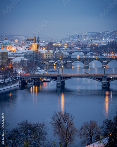 city, architecture, prague, church, view, europe, town, building, cityscape, cathedral, travel, tower, old, panorama, landmark, castle, tourism, landscape, czech, tramway, tram, urban, snow, winter