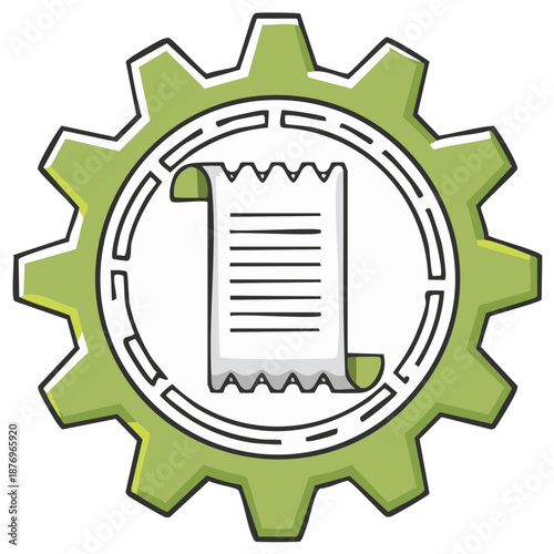 Green gear cogwheel with rolled document representing settings process and information management