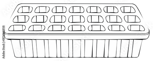Black and white line art illustration of an empty plastic seedling tray for starting seeds and gardening