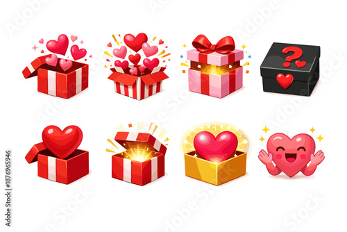 Heart-themed gift boxes illustrations set
