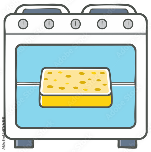 Yellow sponge inside a white oven with a blue glass door