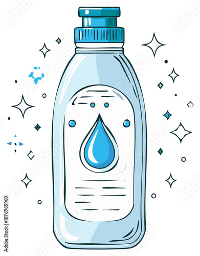 Blue cleaning product bottle with fresh water drop icon and sparkling shine illustration