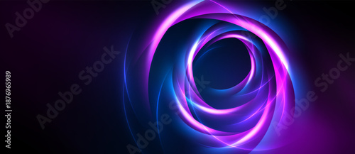 Abstract swirls, vibrant purple hues, glowing energy. Dark background emphasizes luminous spiral design. Modern, dynamic composition.