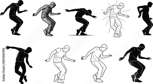 Male hip hop dancer silhouette illustration set, urban street dance poses, modern choreography movement vector icons for music and style