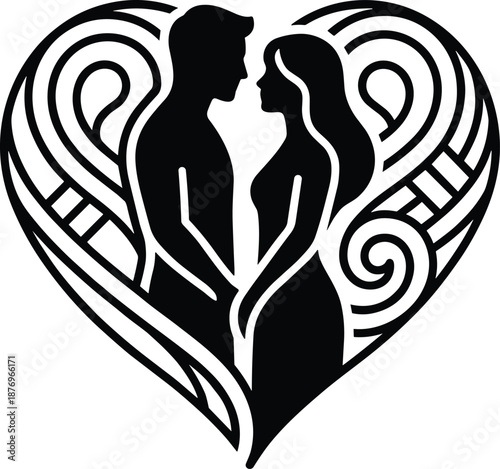 Romantic couple in heart silhouette, love vector design for wedding crafts, laser cutting, Valentines Day cards, anniversary gifts, decorative artwork